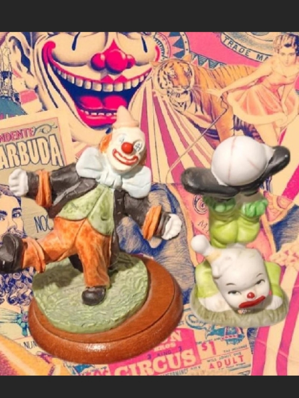 2 vintage 1980s small porcelain Circus clown figurines